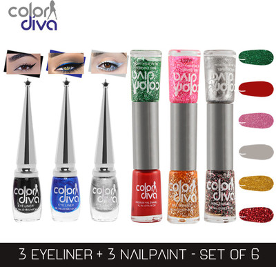 Color Diva (CD-BRS-NPELCMB06-228) Dual (2 in 1) Multicolor Nail Paint and BRS Eyeliner Combo Multicolor(Pack of 6)