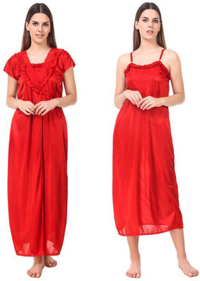 ovida Women Nighty with Robe(Red)