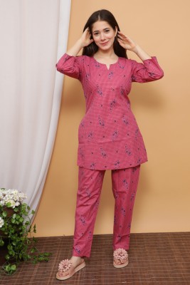 Your Style Women Printed Pink Night Suit Set Women Printed Pink Top & Pyjama Set