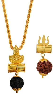 Shiv Jagdamba Religious Bolenath Mahadev Shankar Trishul Damaru Locket With Brass Rope Chain Gold-plated Brass, Wood Pendant Set Gold-plated Beads Brass, Wood Pendant Set