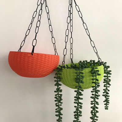 DAZZLE AGRI Attractive woven design beautiful round hanging flower plastic pots with heavy metal chain pots combo high quality designer pots rattan hanging plant container set plastic pots combo Plant Container Set(Pack of 2, Plastic)