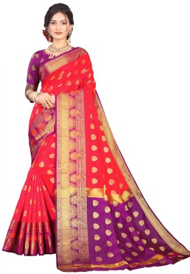 DURGA TEXTILE Printed, Self Design, Embellished, Woven, Floral Print, Blocked Printed Banarasi Jacquard, Silk Blend Saree(Red)