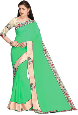 Kimisha Solid/Plain Bollywood Chiffon Saree(Green)