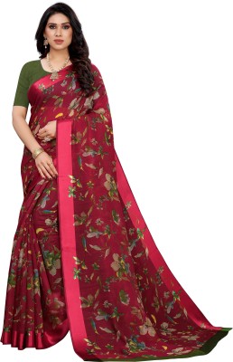 Priyashi Printed Daily Wear Cotton Linen Saree(Maroon)