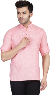 TAHVO Men Solid Straight Kurta(Pink)