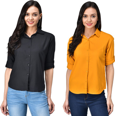 FUNDAY FASHION Women Solid Casual Black, Orange Shirt(Pack of 2)