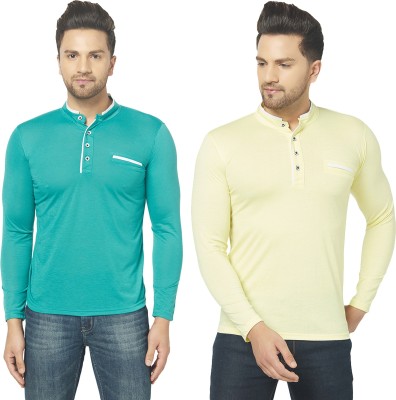 Jangoboy Solid Men Henley Neck Light Green, Yellow T-Shirt