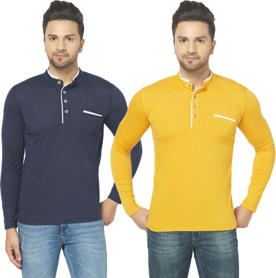Jangoboy Solid Men Henley Neck Dark Blue, Yellow T-Shirt