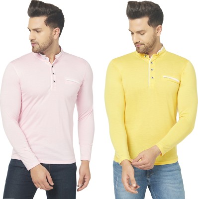 Unite Wear Solid Men Mandarin Collar Pink, Yellow T-Shirt