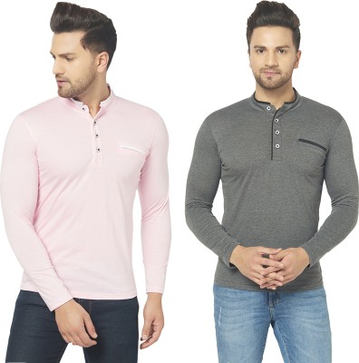 Adorbs Solid Men Henley Neck Pink, Grey T-Shirt