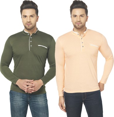 Jangoboy Solid Men Henley Neck Dark Green, Beige T-Shirt