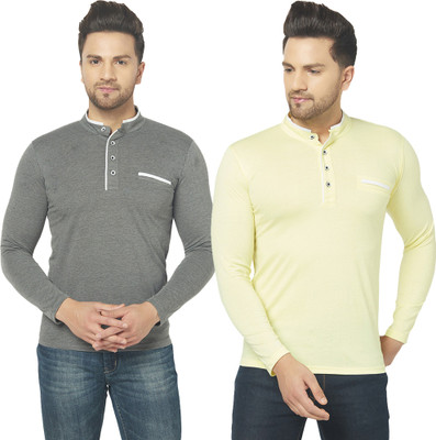 Jangoboy Solid Men Henley Neck Grey, Yellow T-Shirt
