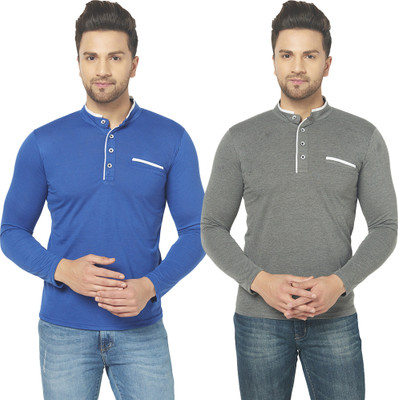 Jangoboy Solid Men Henley Neck Dark Blue, Grey T-Shirt