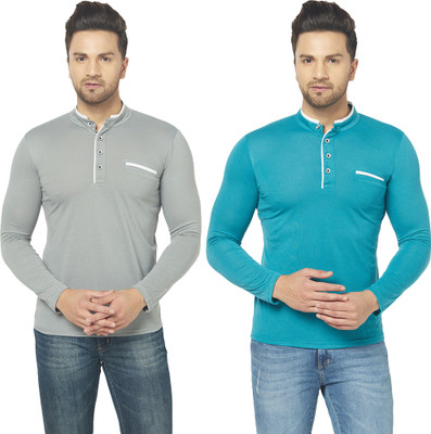Jaskart Solid Men Henley Neck Dark Blue, Grey T-Shirt