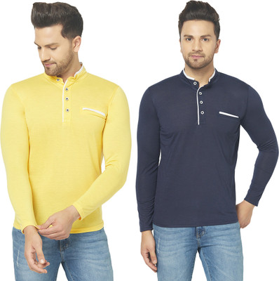 Jangoboy Solid Men Mandarin Collar Dark Blue, Yellow T-Shirt