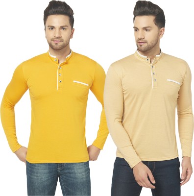 Adorbs Solid Men Henley Neck Beige, Yellow T-Shirt