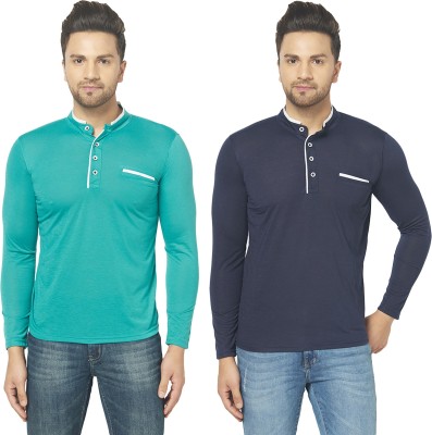 Tivy Solid Men Henley Neck Dark Blue, Light Green T-Shirt