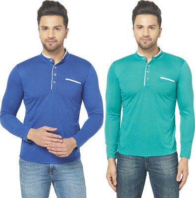 Jangoboy Solid Men Henley Neck Dark Blue, Light Green T-Shirt