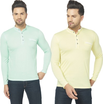 Bribzy Solid Men Mandarin Collar Yellow, Light Green T-Shirt