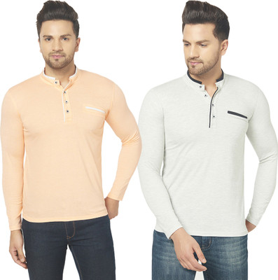 Unite Wear Solid Men Mandarin Collar Orange, Grey T-Shirt