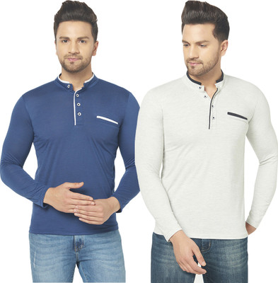Jangoboy Solid Men Mandarin Collar Dark Blue, Grey T-Shirt