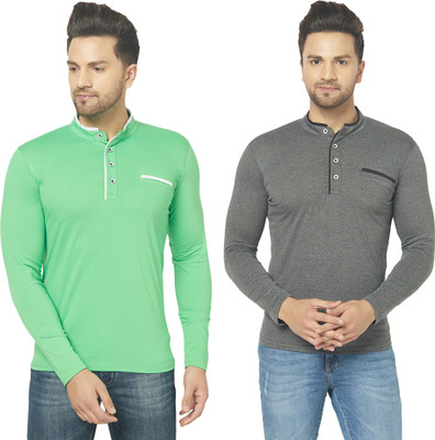 Jangoboy Solid Men Mandarin Collar Grey, Light Green T-Shirt