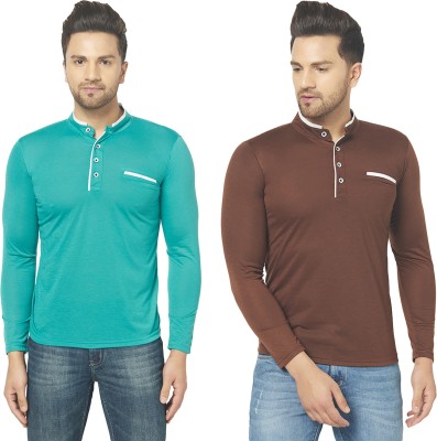 Jaskart Solid Men Henley Neck Brown, Light Green T-Shirt