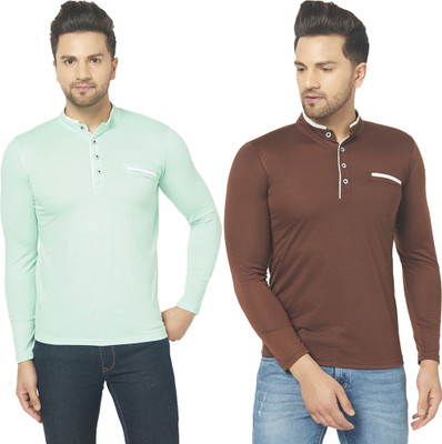 Unite Wear Solid Men Mandarin Collar Green, Brown T-Shirt
