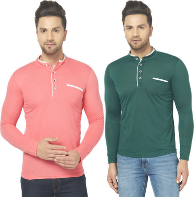 Jaskart Solid Men Henley Neck Dark Green, Red T-Shirt