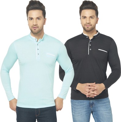 Jangoboy Solid Men Henley Neck Blue, Black T-Shirt