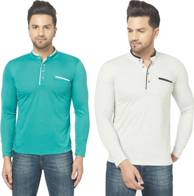 Jangoboy Solid Men Henley Neck Grey, Light Green T-Shirt