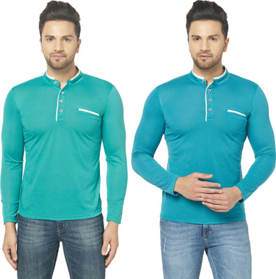 Tivy Solid Men Henley Neck Dark Blue, Light Green T-Shirt