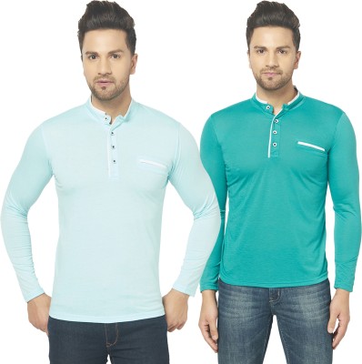 Bribzy Solid Men Mandarin Collar Light Blue, Green T-Shirt