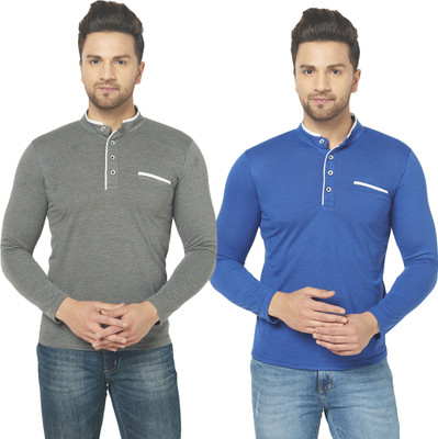 Jangoboy Solid Men Henley Neck Dark Blue, Grey T-Shirt