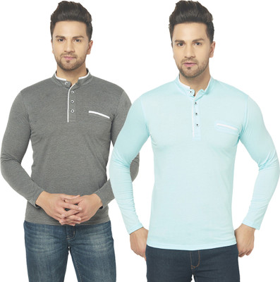 Jaskart Solid Men Henley Neck Blue, Grey T-Shirt