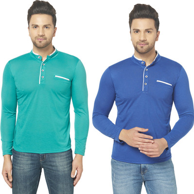 Tivy Solid Men Henley Neck Dark Blue, Light Green T-Shirt