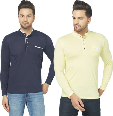 Jangoboy Solid Men Henley Neck Dark Blue, Yellow T-Shirt