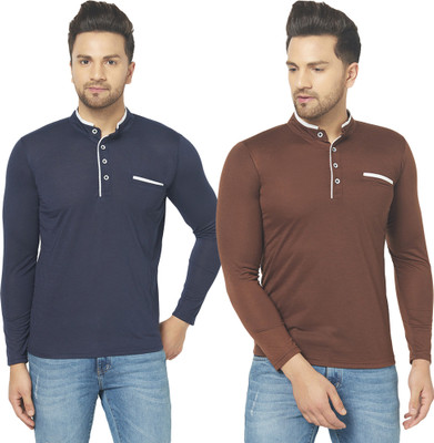 Jaskart Solid Men Mandarin Collar Dark Blue, Brown T-Shirt