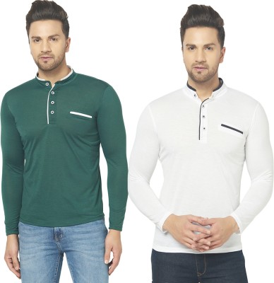 Adorbs Solid Men Henley Neck Dark Green, White T-Shirt