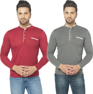 Bribzy Solid Men Mandarin Collar Maroon, Grey T-Shirt