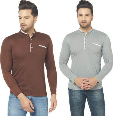 Jangoboy Solid Men Henley Neck Brown, Grey T-Shirt