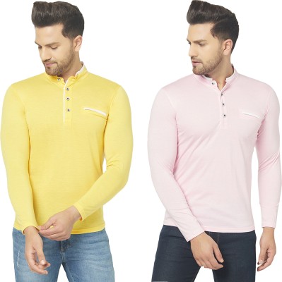 Jaskart Solid Men Henley Neck Pink, Yellow T-Shirt