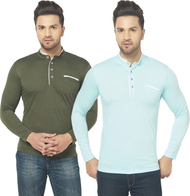 Bribzy Solid Men Mandarin Collar Dark Green, Light Blue T-Shirt