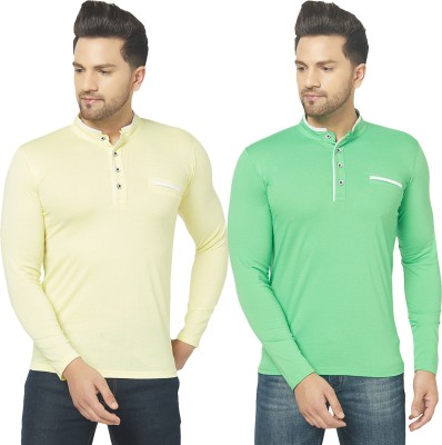 Bribzy Solid Men Mandarin Collar Light Green, Yellow T-Shirt