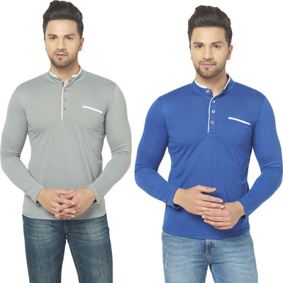Jaskart Solid Men Henley Neck Dark Blue, Grey T-Shirt