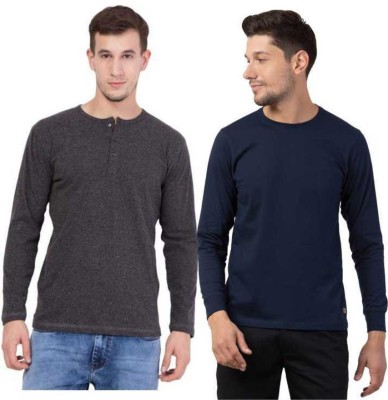 Bouyz Solid Men Henley Neck Dark Blue, Grey T-Shirt