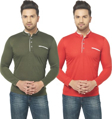 Jangoboy Solid Men Henley Neck Dark Green, Red T-Shirt