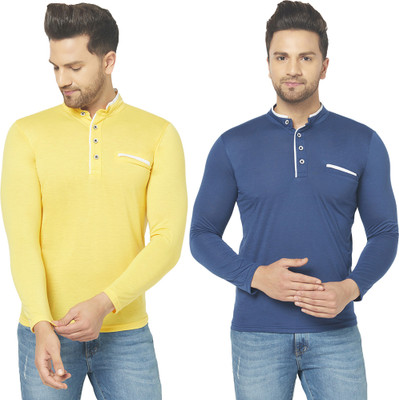 Jaskart Solid Men Henley Neck Yellow T-Shirt