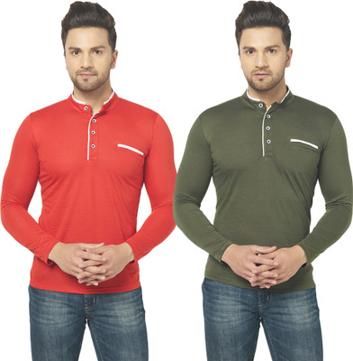 Jaskart Solid Men Henley Neck Dark Green, Red T-Shirt