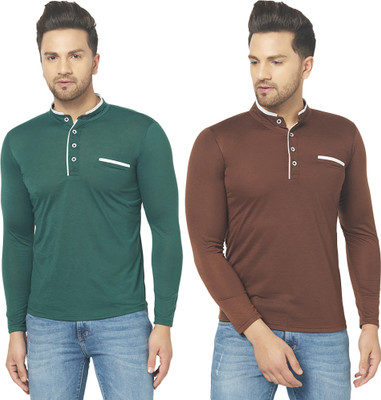 Adorbs Solid Men Henley Neck Dark Green, Brown T-Shirt